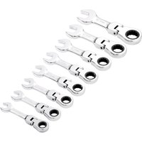 Draper Hi Torq 8 piece stubby flexible ratchet spanner set, silver with open ends and black ratchet rings.