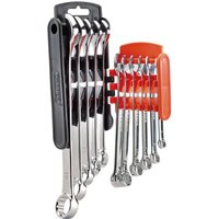 Draper Hi-Torq spanner set with 11 silver metric spanners in black and orange holders, sizes 6, 8-15, 17, 19mm.