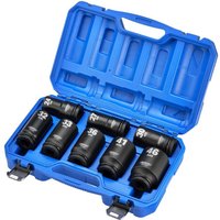 Blue Draper Hi-Torq® 8-piece metric deep impact socket set in a plastic case with black sockets labeled in white.