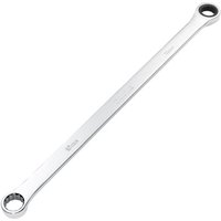 Silver Draper Hi-Torq metric extra-long double ring ratchet spanner, 18mm, with polished finish and engraved size markings.