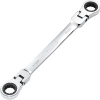 Silver Draper Hi-Torq flexible head double ring ratchet spanner, 14x15mm, with pivoting ends and engraved measurements.