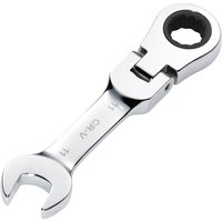 Silver Draper Hi-Torq stubby spanner, 11mm, with flexible head and ratchet, compact design with polished finish.