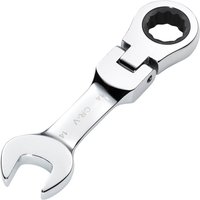 Silver Draper 14mm stubby flexible head ratchet spanner with open-end and ring head, compact and adjustable design.