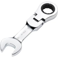 Silver Draper 15mm stubby spanner with flexible head and Hi-Torq® ratchet, featuring open and ring ends.