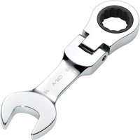 Silver Draper 18mm stubby flexible head ratchet spanner with open-end and ring head, compact and shiny design.