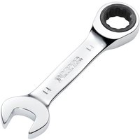 Silver Draper Hi-Torq metric stubby ratchet spanner, 14mm, with open-end and ratcheting box-end design.