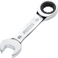 Silver Draper Hi-Torq® 15mm stubby ratchet combination spanner with open-end and ratcheting box-end.