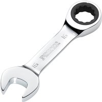 Silver Draper Hi-Torq® 16mm stubby ratchet combination spanner with open-end and ratcheting box end.