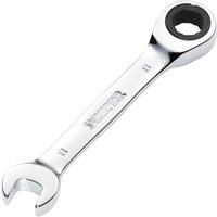 "Draper Hi-Torq stubby ratchet spanner, silver chrome finish, open-end and ratchet ring on opposite ends"