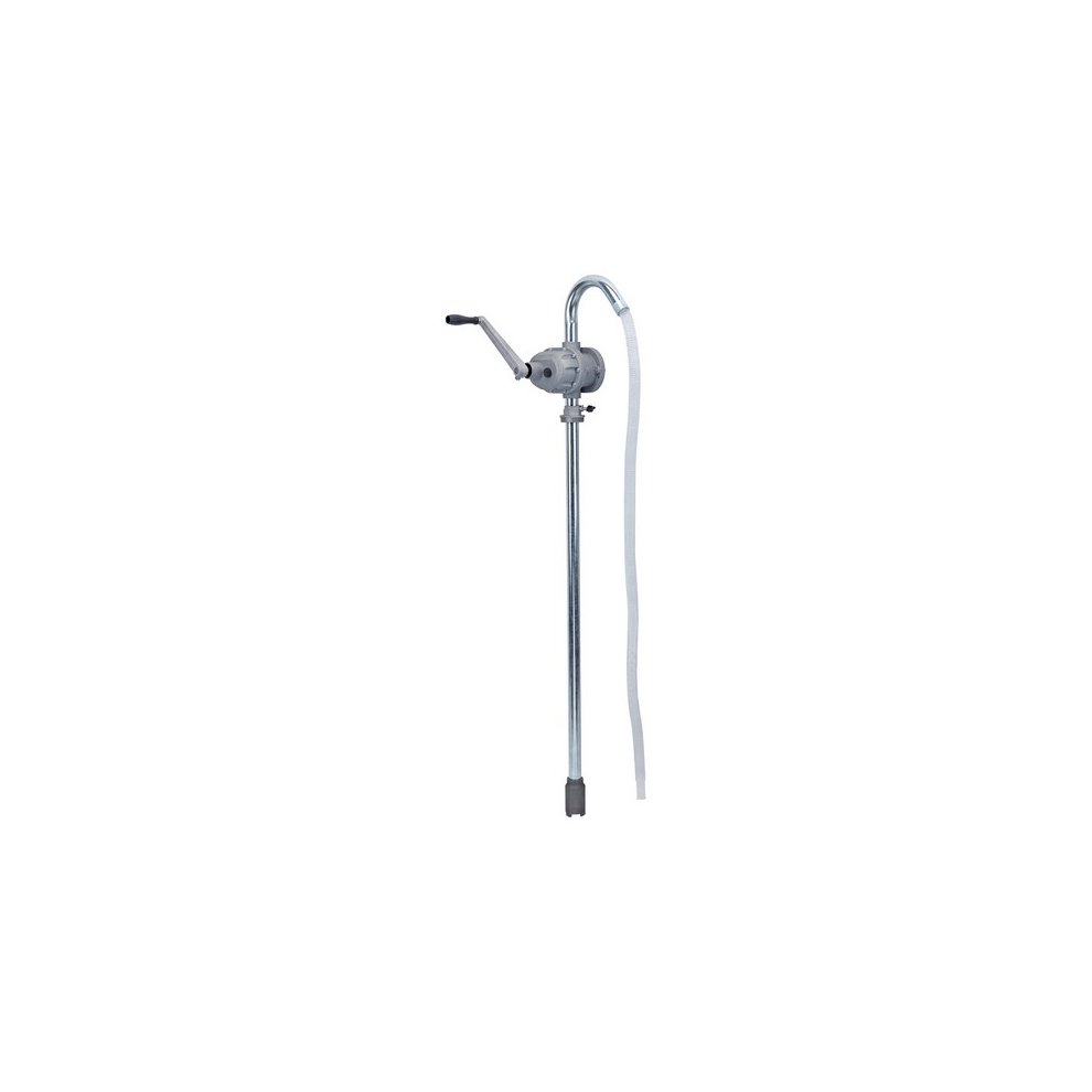 High flow rotary hand pump with a chrome body, a black handle, and a clear flexible hose, designed for efficient liquid transfer.