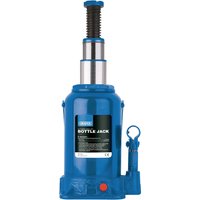 Blue Draper hydraulic bottle jack with black label, red release valve, and ribbed lifting rod, 12-tonne capacity.