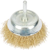 Draper Hollow Cup Wire Brush, 75mm, with twisted brass bristles and a silver metal base with a central shank.