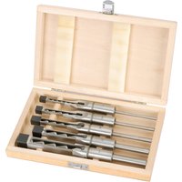 Wooden box with five silver Draper hollow square mortice chisels and bits, neatly arranged in slots.
