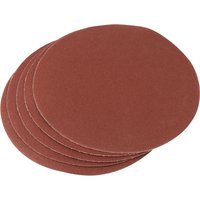 Pack of five round, red-brown sanding discs, 200mm, 100 grit, with hook and eye backing.
