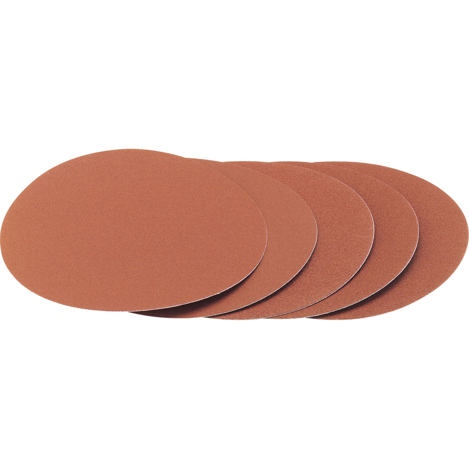 Five round sanding discs in 80 grit, made of aluminium oxide, featuring a hook and eye backing, with a reddish-brown color, measuring 230mm in diameter.