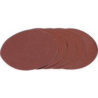 Pack of five red Draper sanding discs, 180mm diameter, 120 grit, with hook and loop backing.