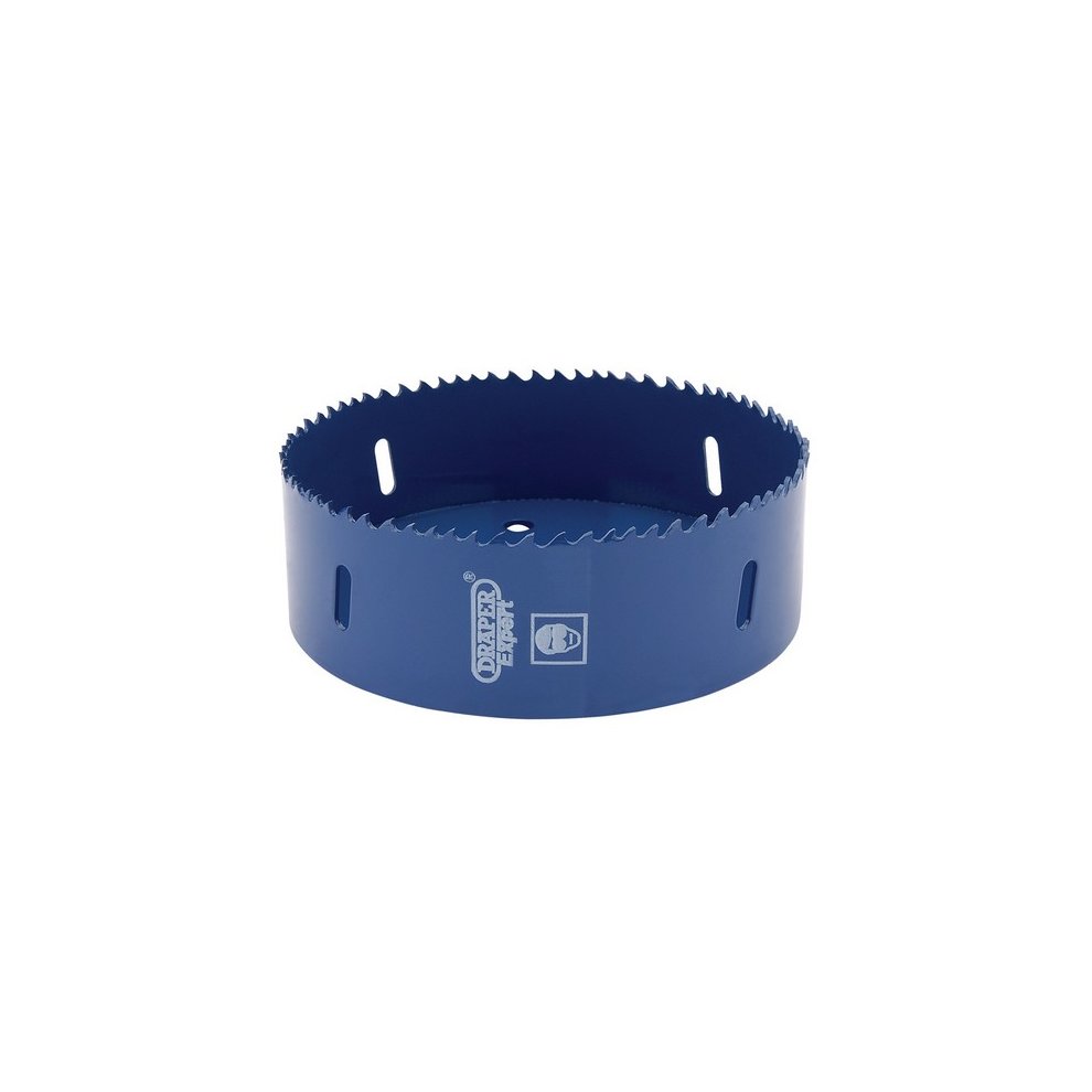 Draper Expert 41144 holesaw blade in blue, 127mm diameter, made from bi-metal HSS, featuring sharp teeth and multiple mounting holes for easy attachment.