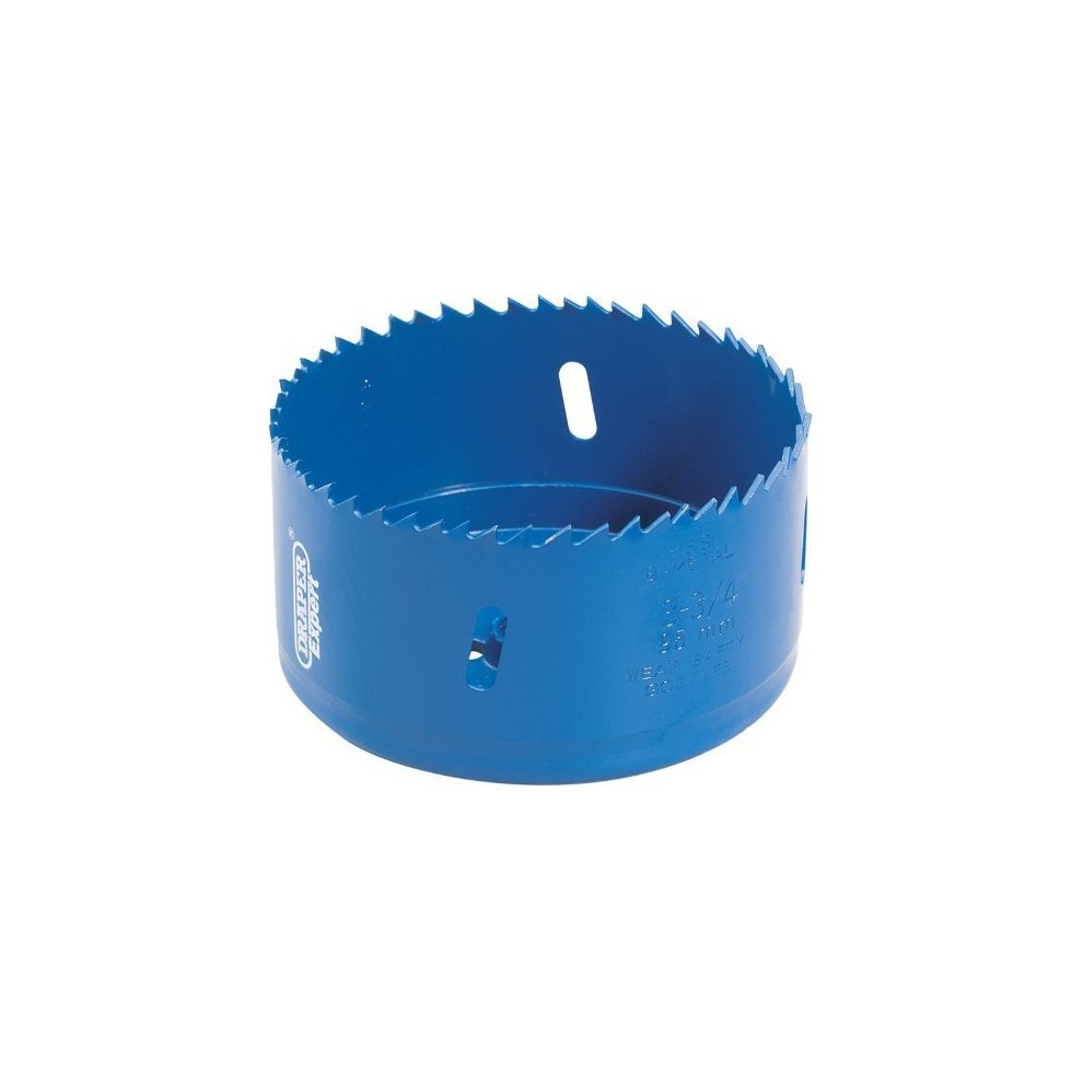 56mm bi-metal holesaw blade in blue, featuring sharp teeth along the rim and two slots for easy attachment, designed for cutting through various materials.