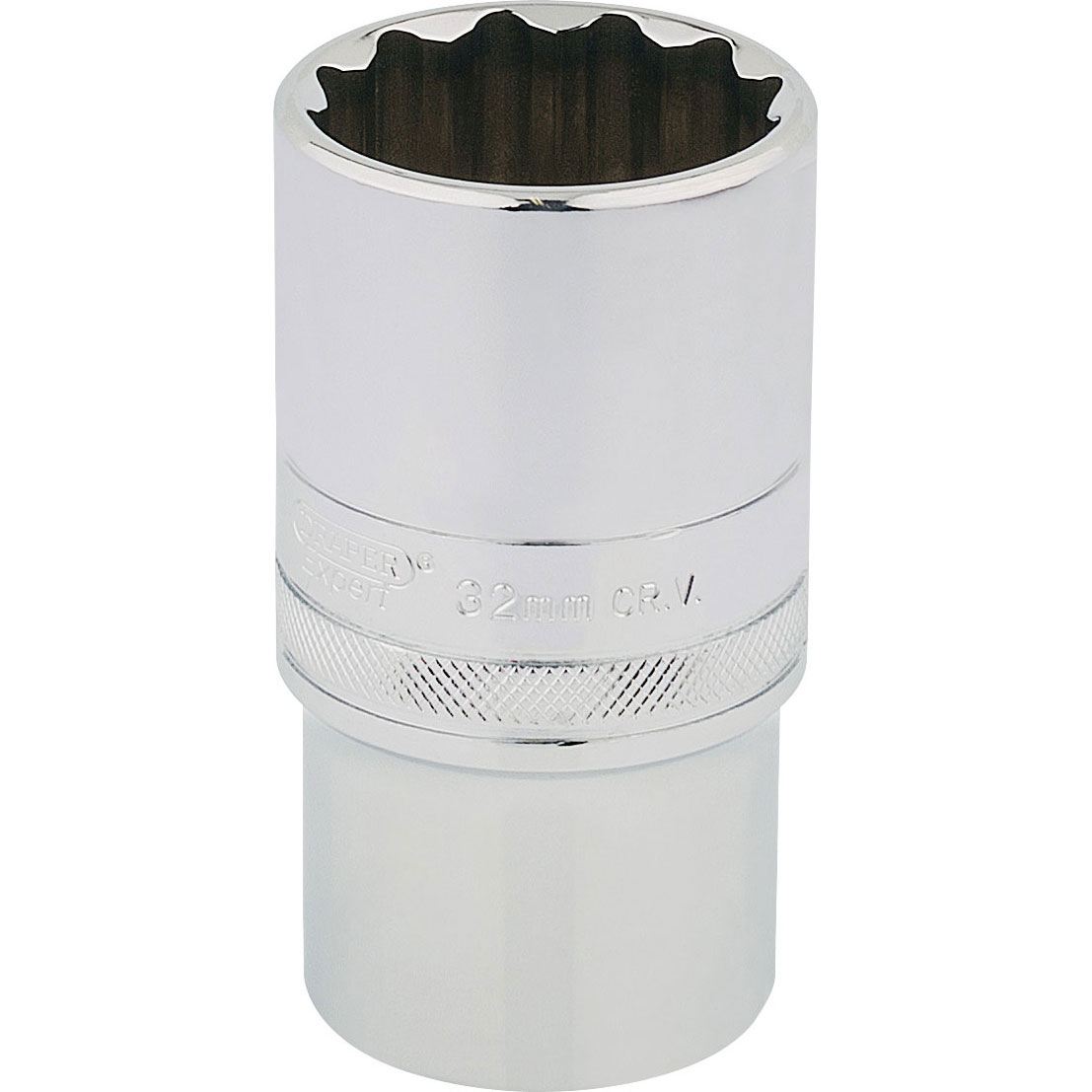 Shiny chrome-finished 32mm deep socket with a 12-point design and a 1/2" square drive, featuring engraved markings for size and brand.