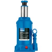 Blue Draper hydraulic bottle jack, 12 tonne capacity, with a cylindrical body and lifting handle.