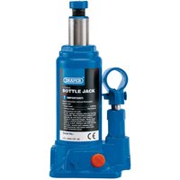 Blue Draper hydraulic bottle jack, 2 tonne capacity, with a round handle and black label detailing specifications.