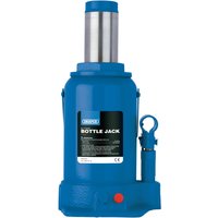 Blue Draper hydraulic bottle jack, 32 tonne capacity, with silver lifting cylinder and black label on the front.