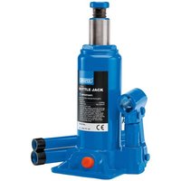 Blue Draper hydraulic bottle jack, 4 tonne capacity, with black label, silver piston, and dual handles.