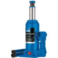 Blue Draper hydraulic bottle jack, 6 tonne capacity, with a black label and dual pump handles.