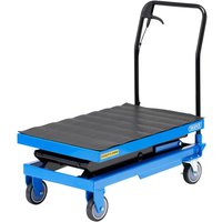 Blue Draper hydraulic high lift table with black platform, four wheels, and a black handle.