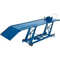 Blue Draper hydraulic motorcycle lift with ramp, 360kg capacity, steel frame, and adjustable platform.