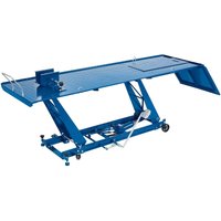 Blue Draper hydraulic motorcycle lift, 450kg capacity, with foot pedal, wheels, and safety lock mechanism.