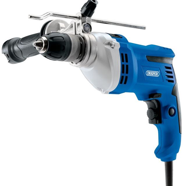 Draper 56369 Impact Drill features a blue and silver body, a keyless chuck, and a textured grip handle, designed for efficient drilling with a 750W motor.