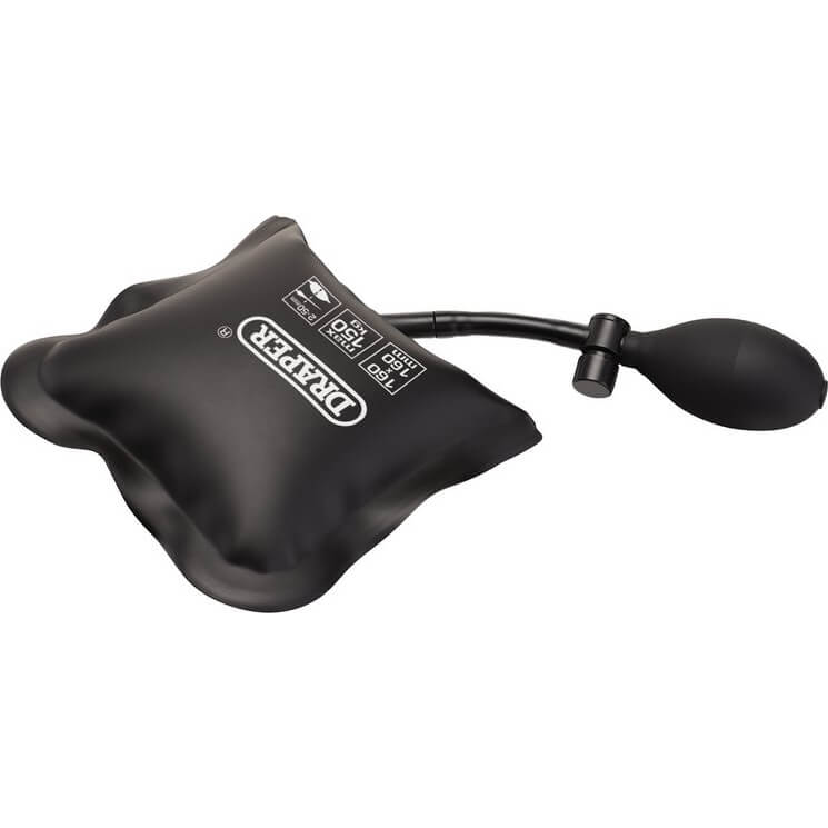 Black inflatable air wedge with a smooth surface, measuring 160 x 160mm, featuring a connected pump bulb for inflation and a maximum load capacity of 150kg.