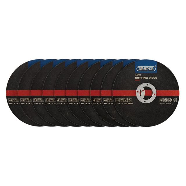 Set of eight black metal cutting discs with red and blue accents, labeled "Draper Inox Cutting Discs," measuring 115 x 22.2 x 1.2mm, designed for flat cutting applications.