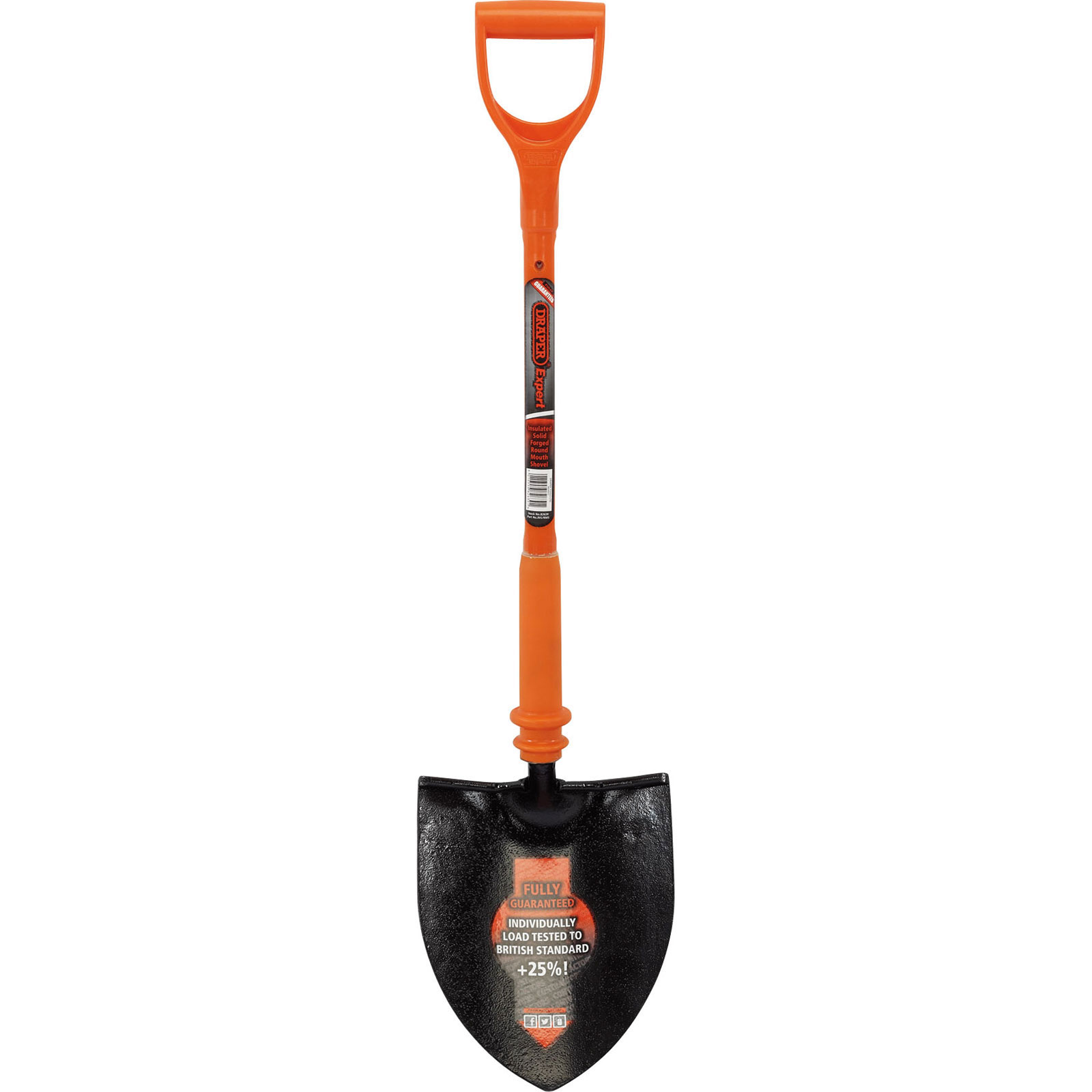 Fully insulated round mouth shovel with a black metal blade and an orange, ergonomic handle, designed for safety and durability in various digging tasks.