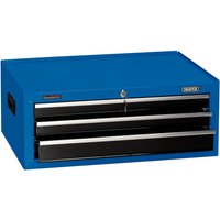 Blue Draper tool chest, 3 black drawers, 26-inch width, metal handles, lockable, with Draper logo on top right.