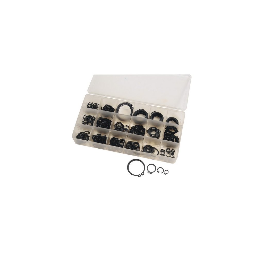 A clear plastic storage box containing 285 black metal internal and external circlips, organized in separate compartments for easy access.