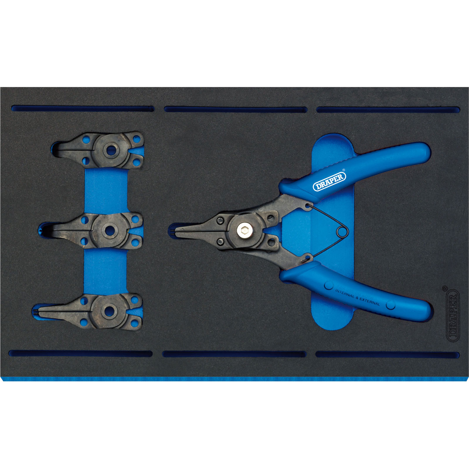 Draper 63196 circlip plier set featuring a black and blue design, includes one plier and three interchangeable tips, neatly arranged in a black EVA insert tray.