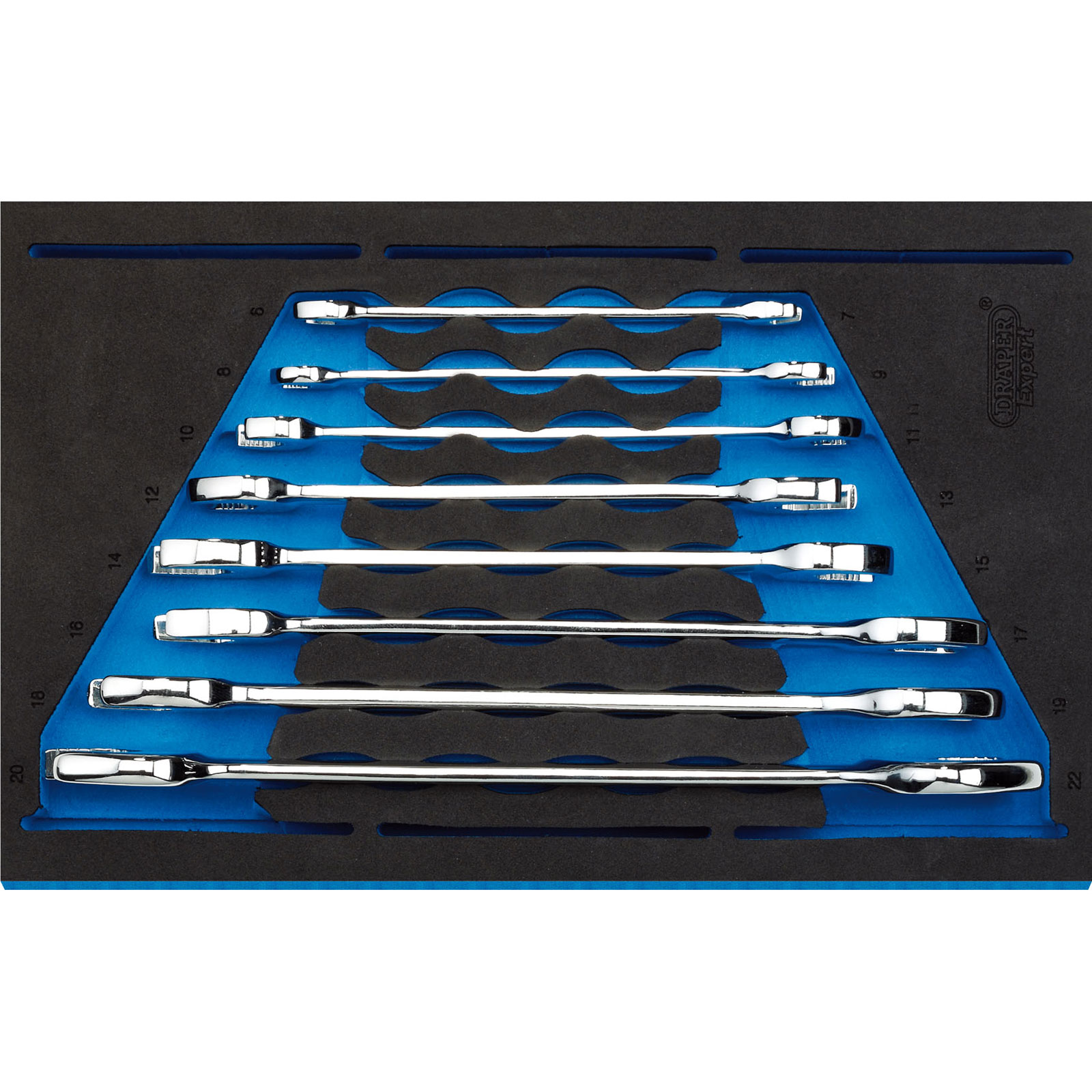 Draper Expert 63524 open-ended spanner set displayed in a black EVA foam tray with blue accents, featuring polished chrome wrenches ranging from 8mm to 19mm.