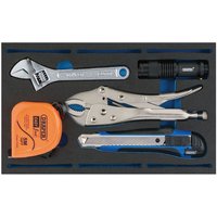 Draper IT-EVA50 tool kit with adjustable wrench, pliers, flashlight, tape measure, and utility knife in foam tray.