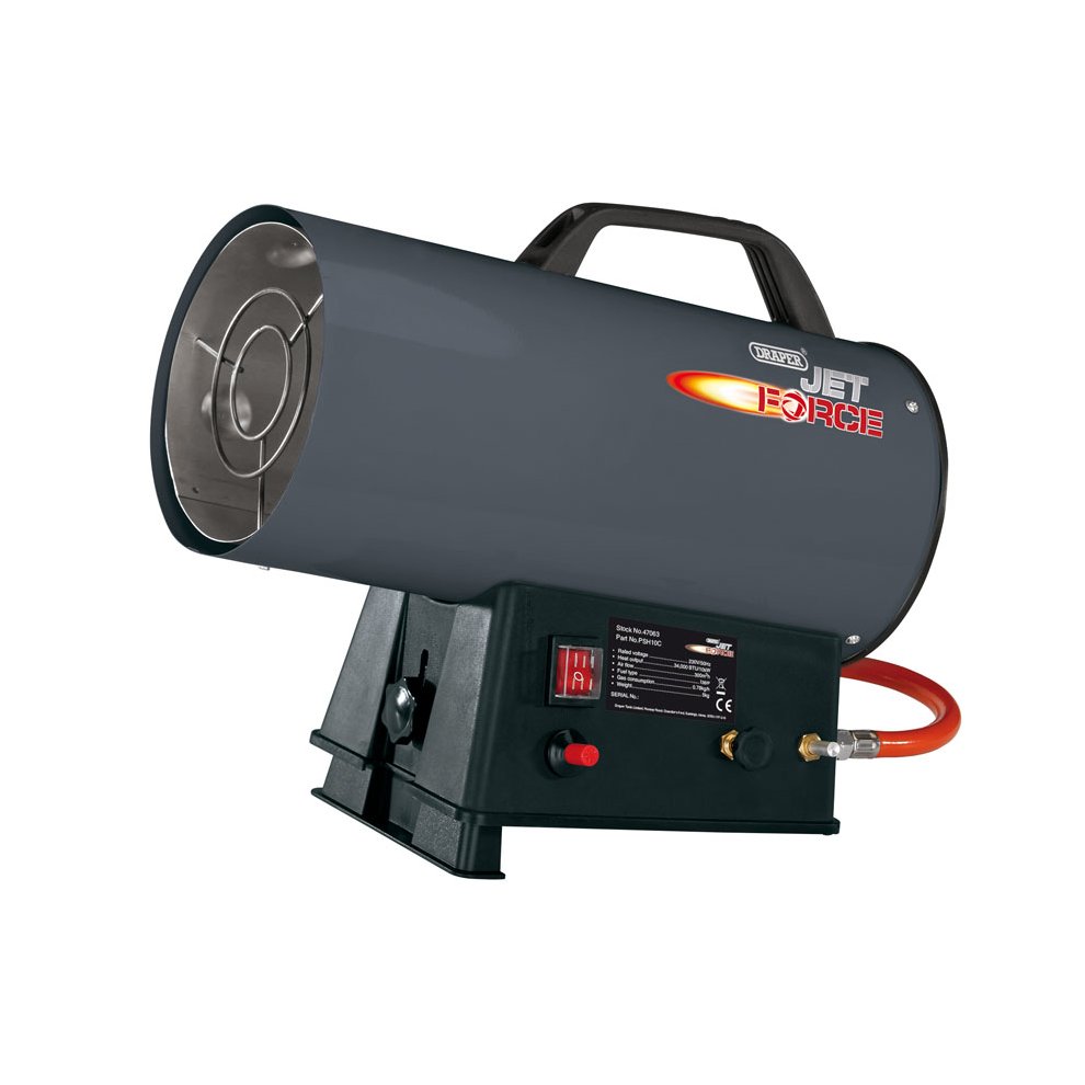 Gray metal propane space heater with a cylindrical design, featuring a prominent handle, control panel with red buttons, and a visible gas hose, labeled "JET FORCE."