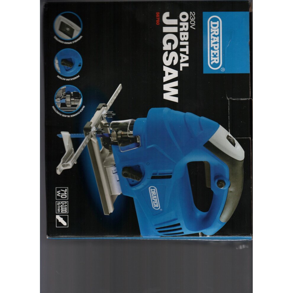 Blue Draper 56760 jigsaw with a silver blade, featuring a comfortable grip and a power rating of 710W, displayed against a black background with product details.