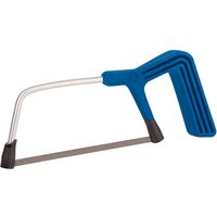 Blue-handled Draper Junior Hacksaw with a silver metal frame and a small, replaceable blade.