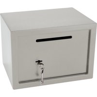 Gray Draper key safe with post slot, rectangular shape, front lock, and keyhole.