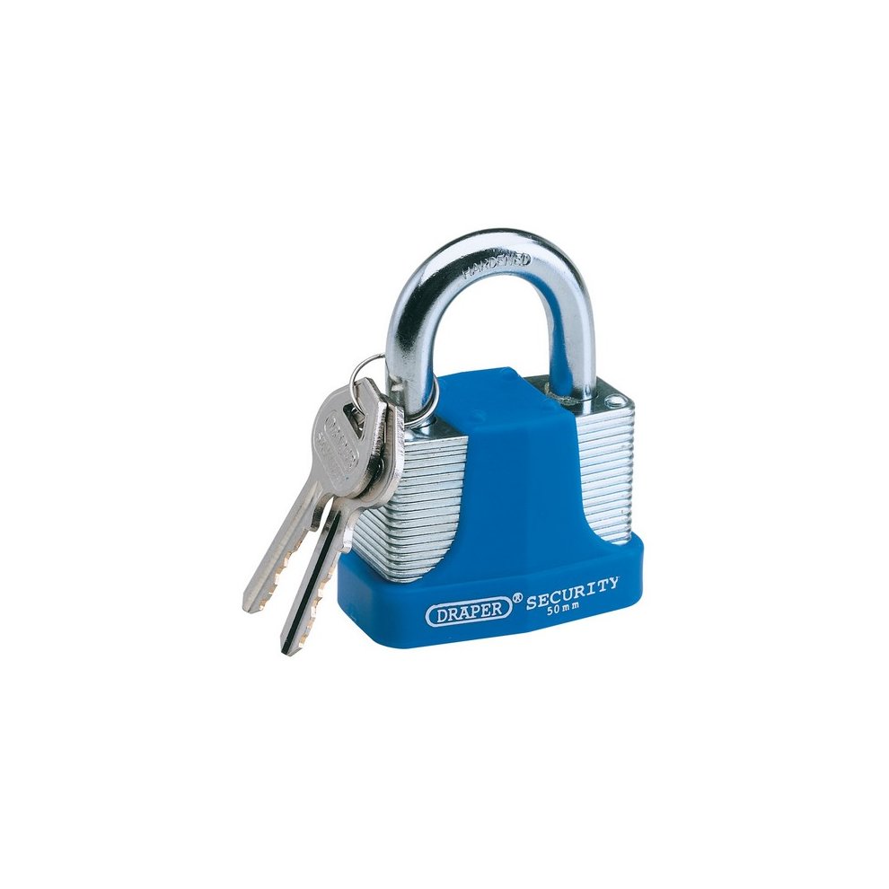 Blue laminated steel padlock with a shiny silver shackle, featuring the "DRAPER SECURITY" logo and accompanied by two silver keys.