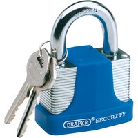 Blue Draper laminated steel padlock with two keys, hardened steel shackle, and protective bumper, 30mm.