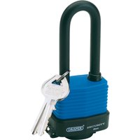 Draper laminated steel padlock, 45mm, blue body, extra long black shackle, includes two silver keys.
