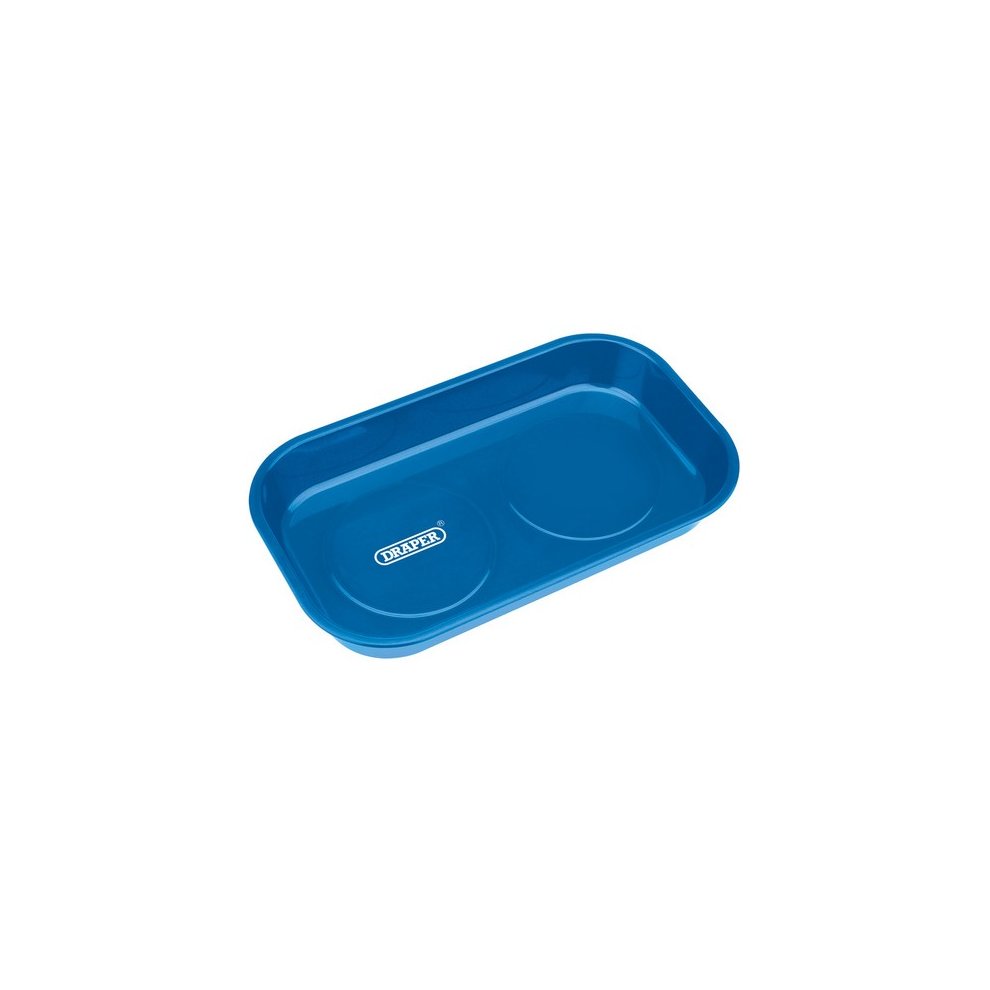 Large rectangular magnetic parts tray in bright blue plastic with two compartments, featuring the Draper logo embossed on the surface.