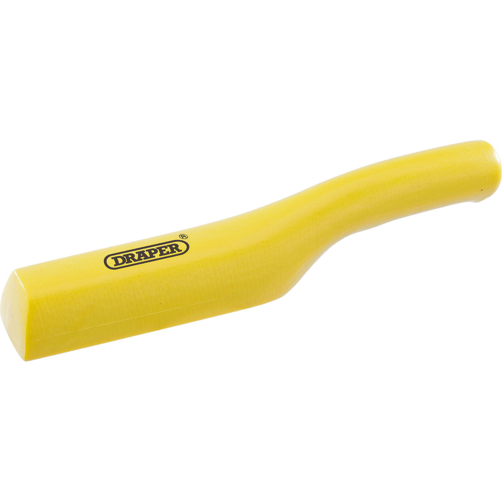 Yellow wooden lead dressing tool with a smooth, curved handle and a flat, rectangular end, featuring the Draper logo prominently displayed.