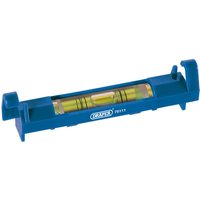 Blue Draper line level, 78mm, with a central yellow vial and hooks on both ends for string attachment.